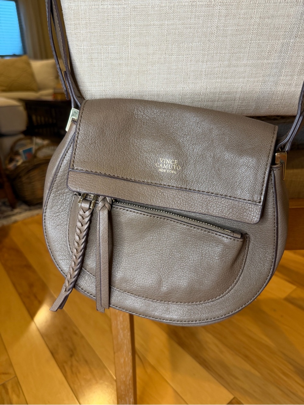 Vince Camuto Chic Leather Crossbody Bag in Smokey Quartz Saddle Purse